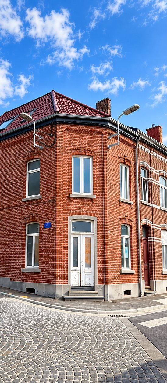 La même façade d'angle après traitement de la brique, toiture en tuiles rouges